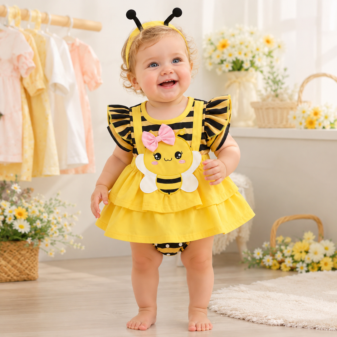 Baby Bee Romper Costume with Antenna Headband Set for Baby Photo Prop