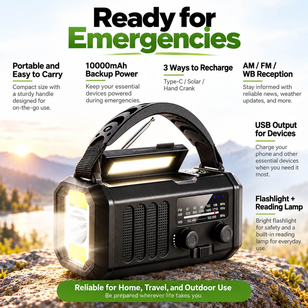 Wind Up Emergency Radio 10000mAh Solar 135lm Flashlight Reading Lamp