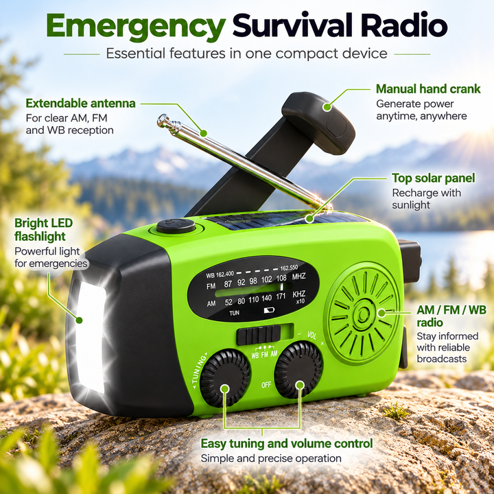 Mini Emergency Radio Solar Hand Crank 2000mAh Power Bank Flashlight