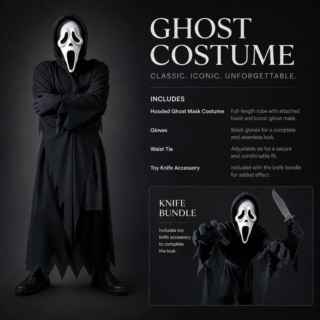 Ghostface Costume Set with Robe Mask and Dagger Halloween Costume