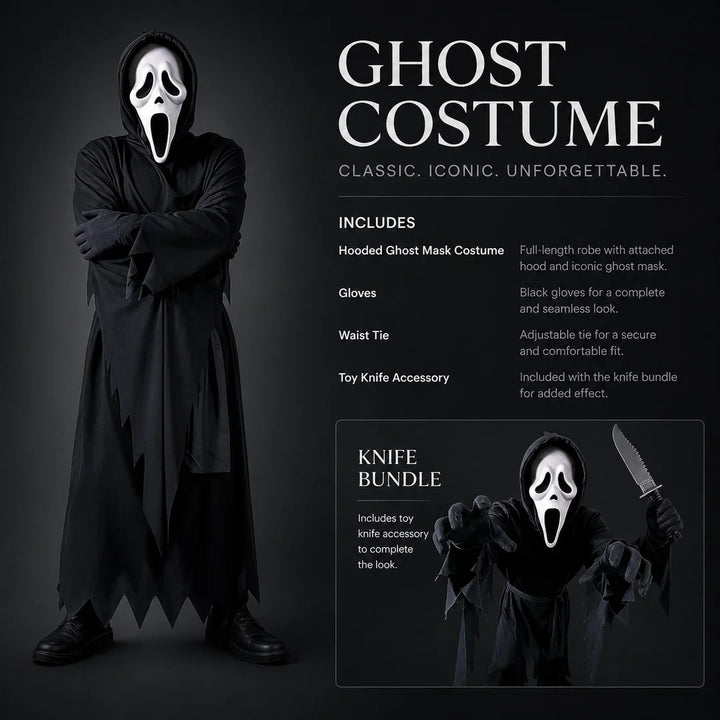Ghostface Costume Set with Robe Mask and Dagger Halloween Costume