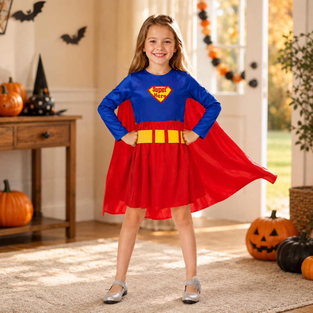 Girls Superhero Costume Dress with Cape Halloween Costume