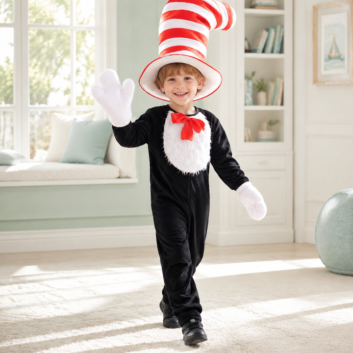 Kids Cat in the Hat Costume Jumpsuit Dress and Hat Set