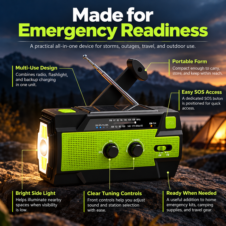 Emergency Radio Hand Crank Solar 4000mAh Power Bank SOS Flashlight