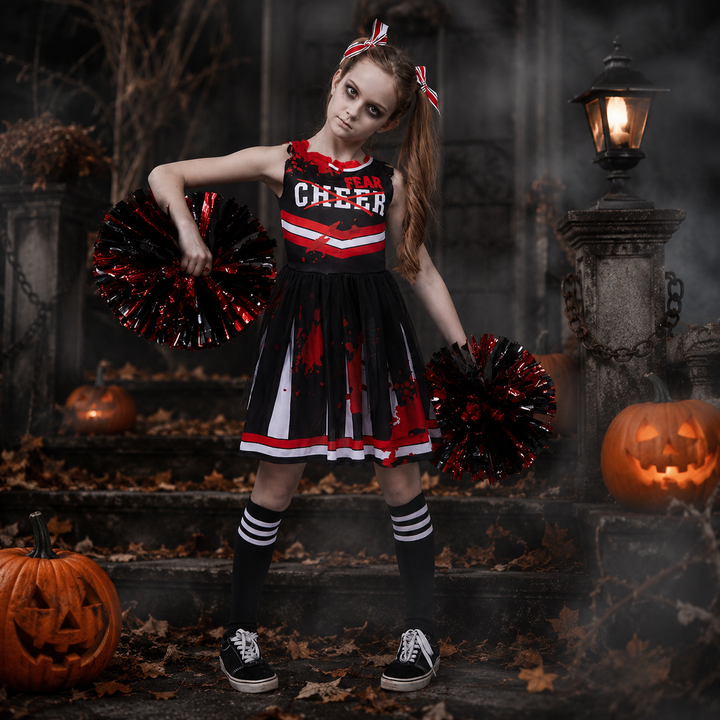Kids Zombie Cheerleader Costume Halloween Cosplay Party Set
