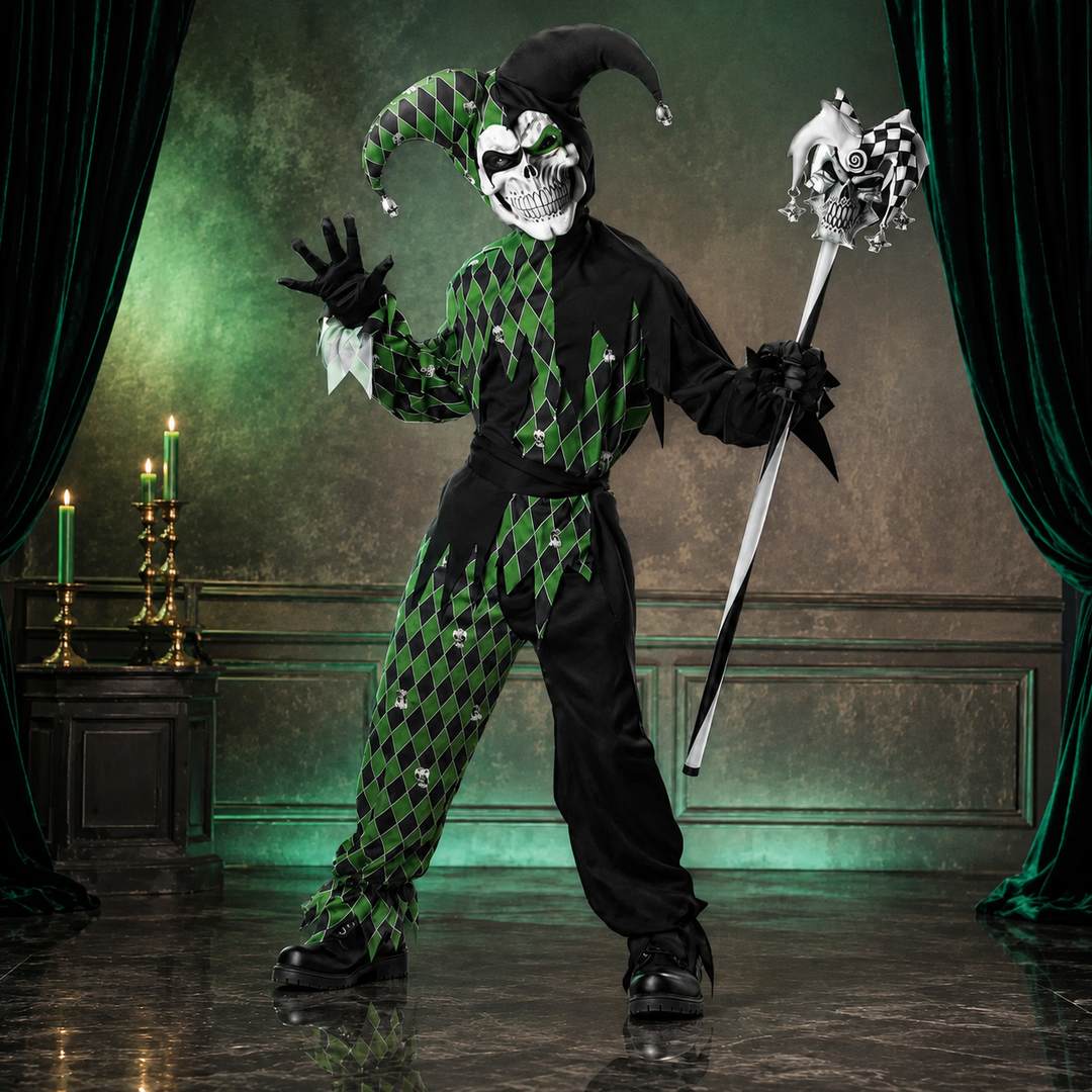 Court Jester Harlequin Costume with Skull Staff Halloween Outfit