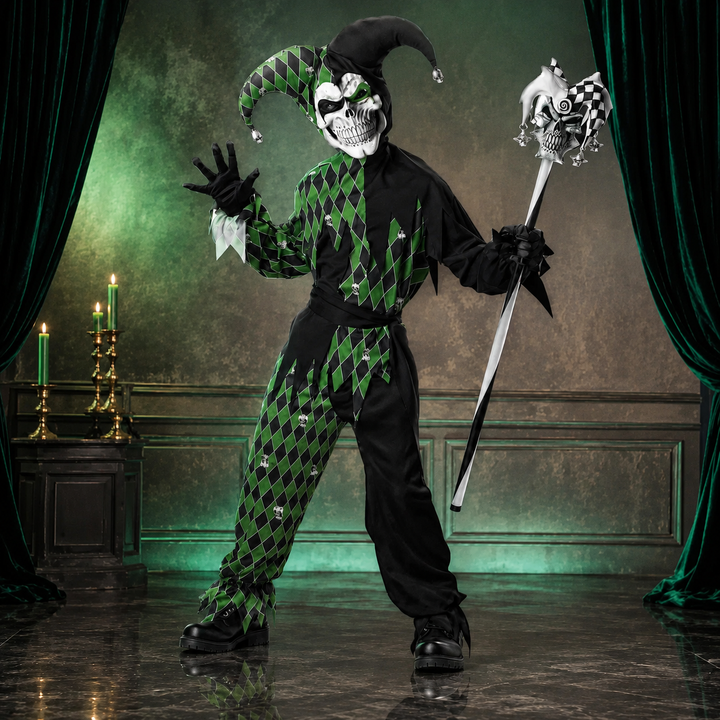 Court Jester Harlequin Costume with Skull Staff Halloween Outfit