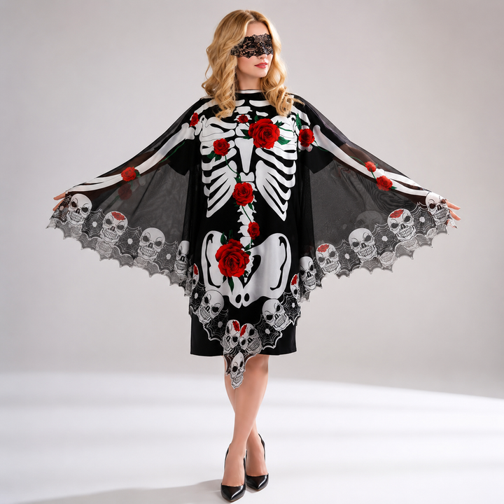 Skeleton Lace Cloak Halloween Costume Cape for Women