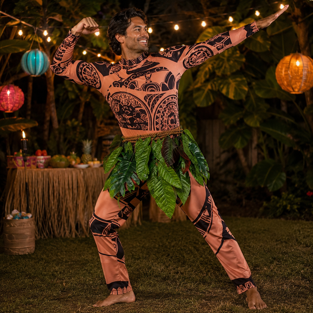 Maui Costume with Tattoo Print and Leaf Skirt Halloween Costume