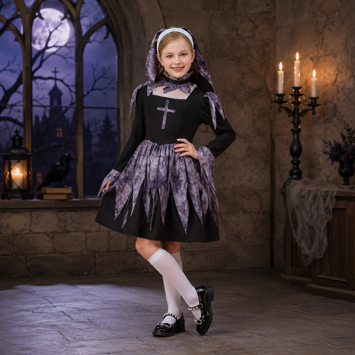 Kids Nun Costume Girls Gothic Dress with Headscarf Halloween Outfit