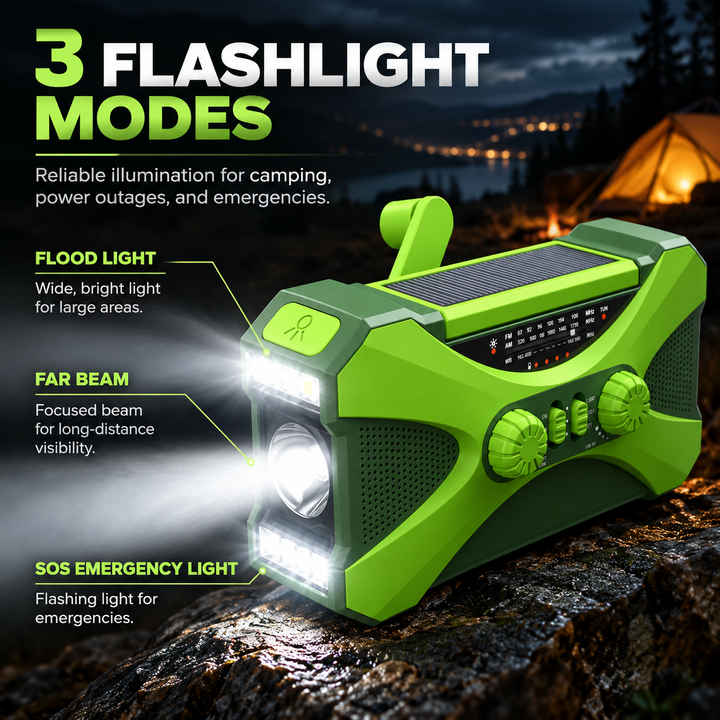 Rugged Emergency Radio Hand Crank Solar 10000mAh 3 Mode Flashlight SOS