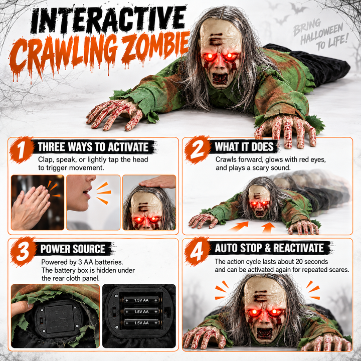 Crawling Zombie Prop with Light Up Eyes and Sound Activated Halloween Decoration