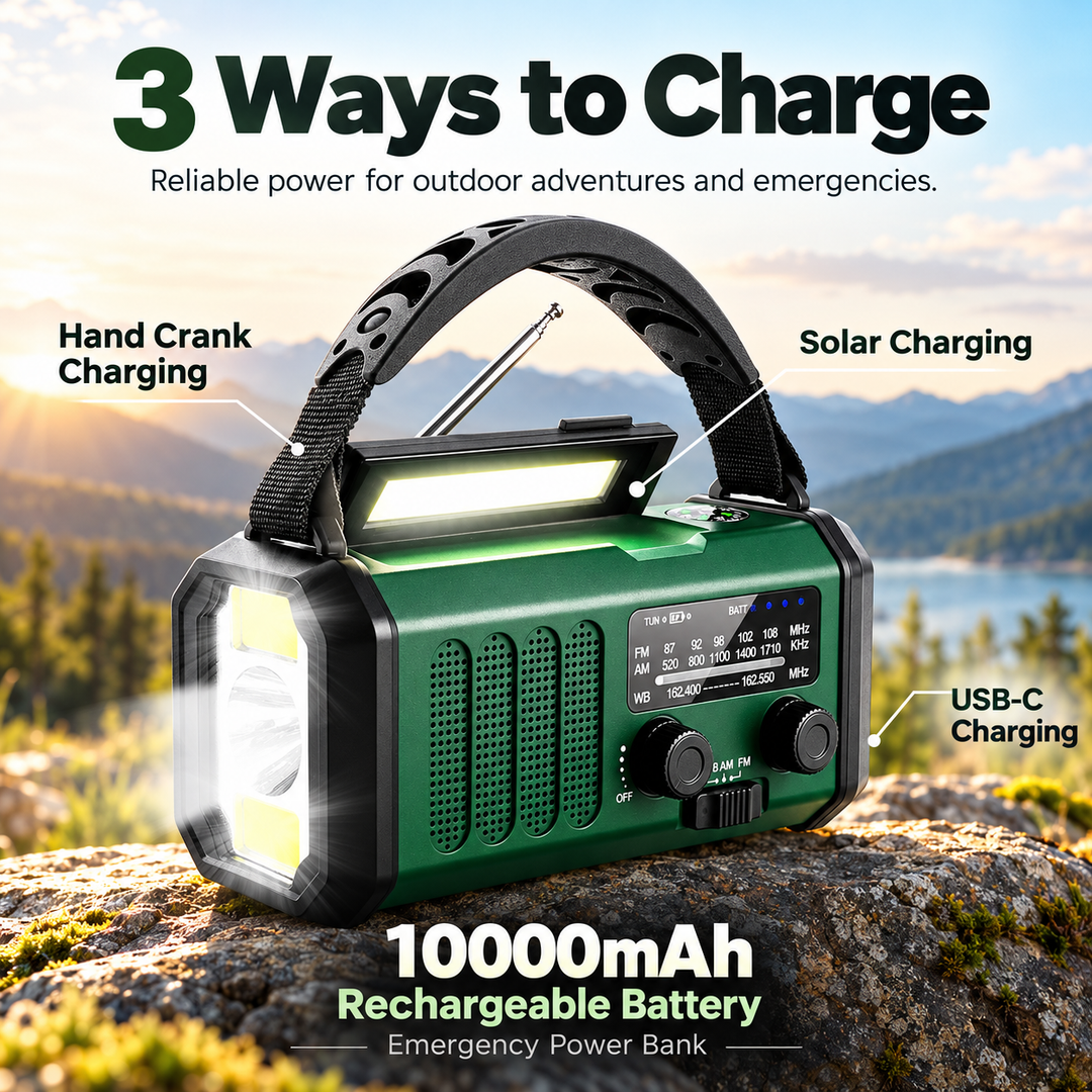 Solar Hand Crank Emergency Radio 10000mAh Power Bank USB C Flashlight