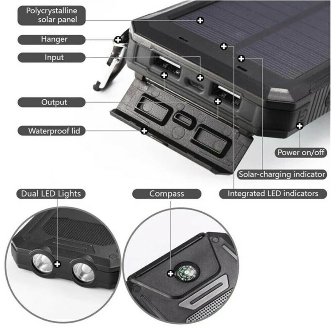 20000mAh Solar Power Bank Portable Waterproof Charger