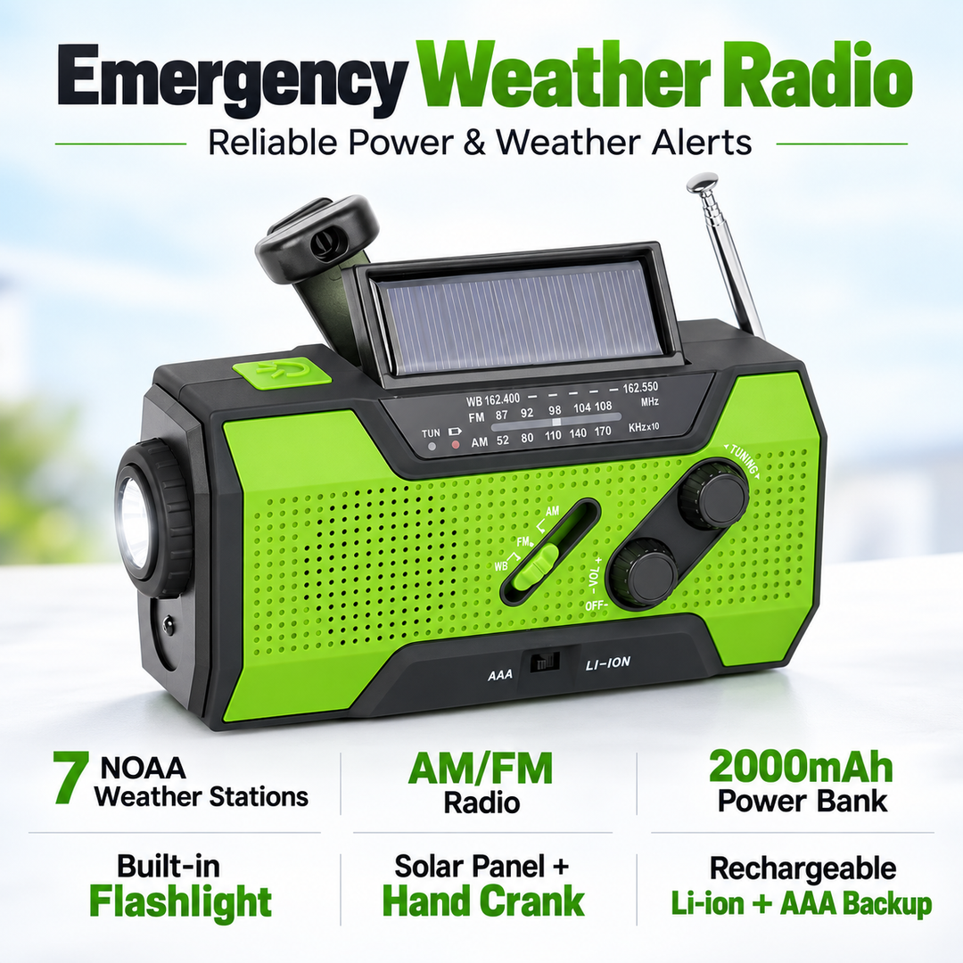 Emergency Weather Radio 5 Way Power Solar Crank AAA 2000mAh Flashlight