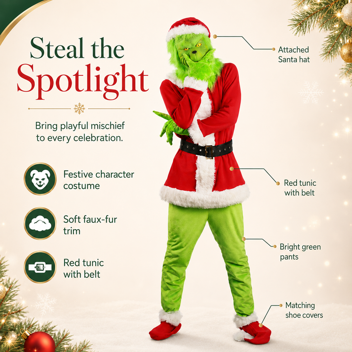 Grinch Mask and Santa Suit Costume Set for Kids and Adults