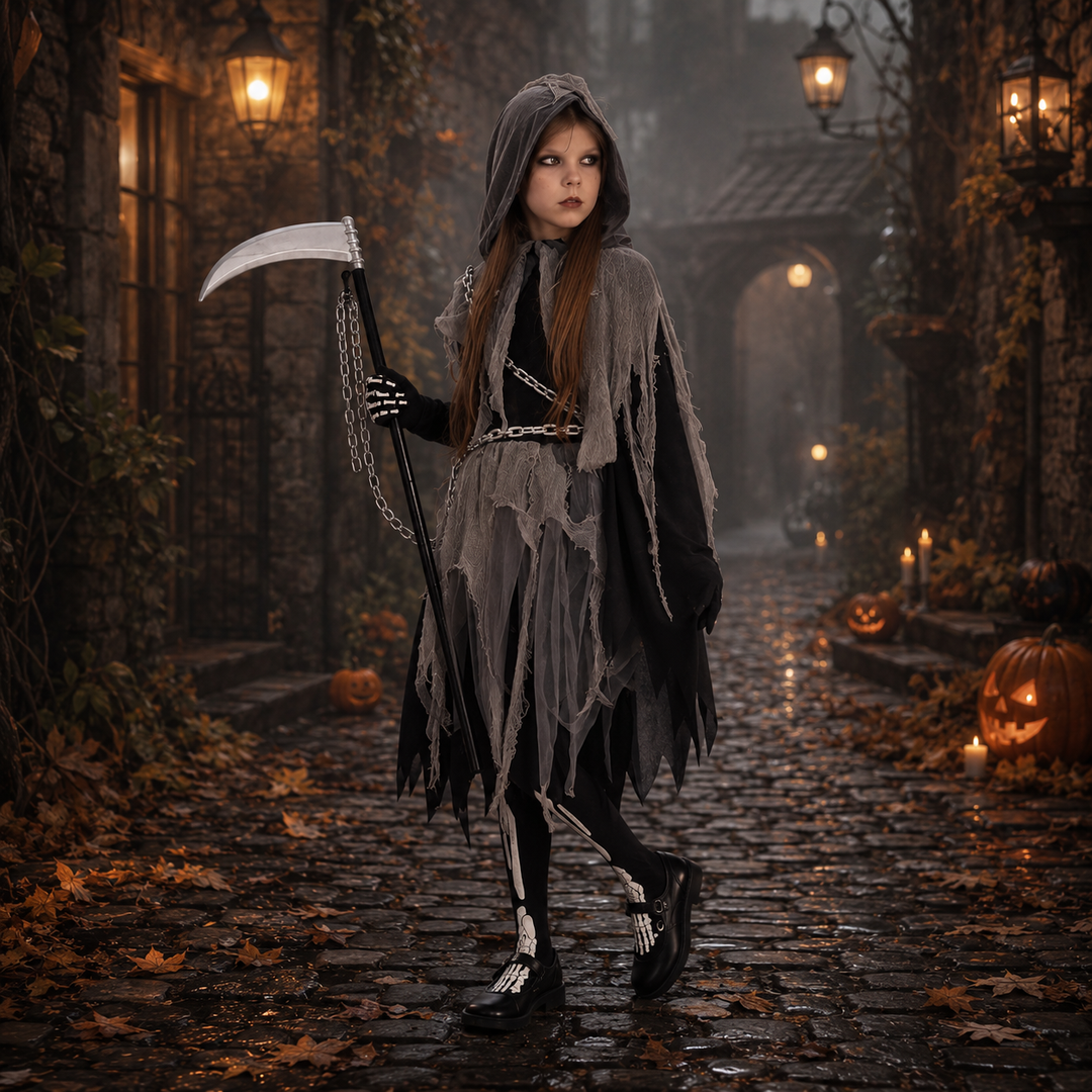 Girls Halloween Skull Reaper Print Dress Kids Costume Cosplay Outfit