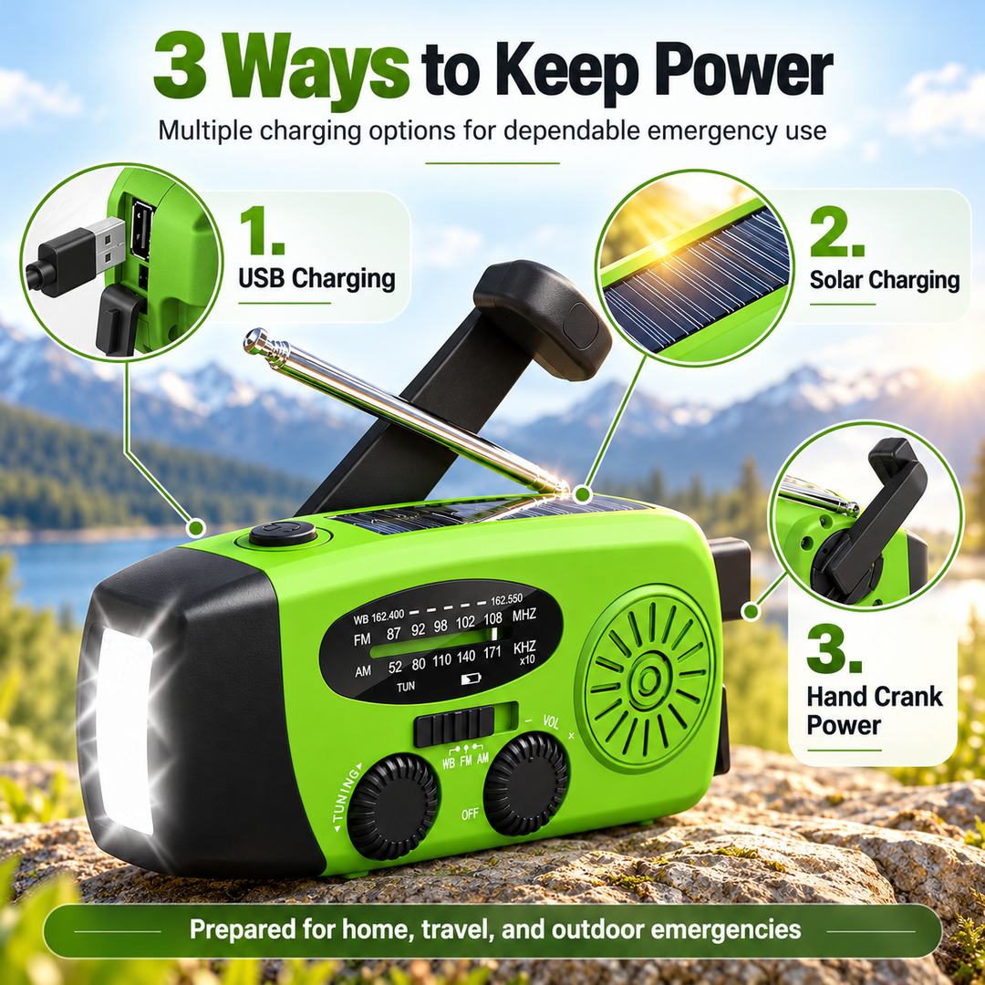 Mini Emergency Radio Solar Hand Crank 2000mAh Power Bank Flashlight