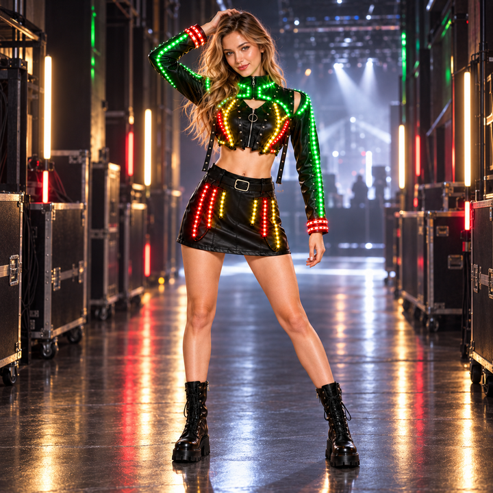 LED Luminous Stage Costume Women Short Skirt Set