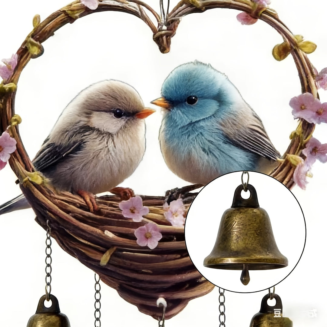 Heart Shaped Bird Wind Chime with Bells Metal Garden Hanging Decor