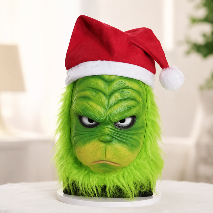 Grinch Latex Mask with Santa Hat Christmas Costume Accessory