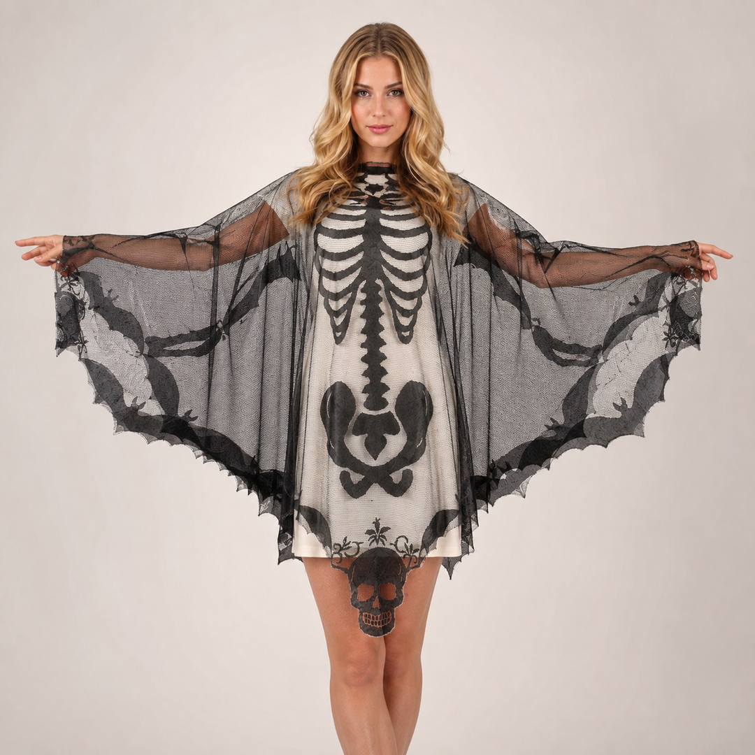 Skeleton Lace Cloak Halloween Costume Cape for Women