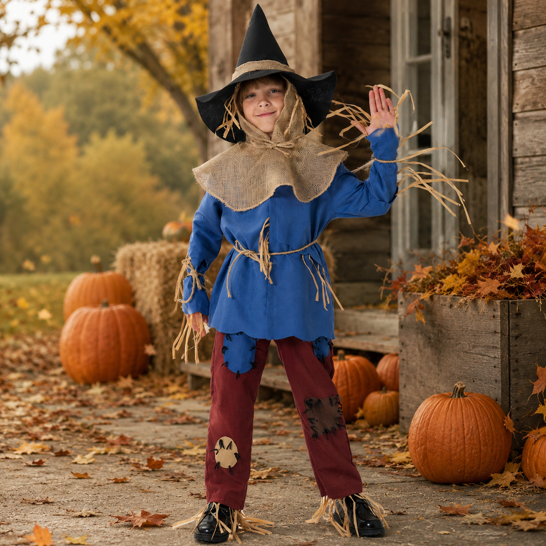 Kids Scarecrow Costume with Hat and Burlap Collar Halloween Outfit