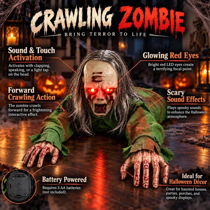 Crawling Zombie Prop with Light Up Eyes and Sound Activated Halloween Decoration