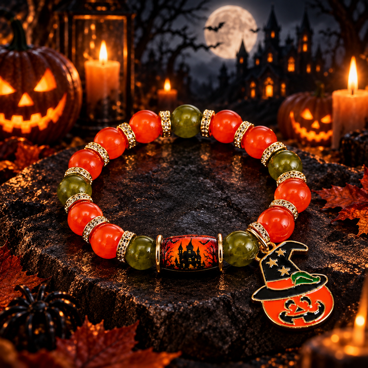 Halloween Crystal Bead Pendant Bracelet with Bat Pumpkin Ghost Castle Charms