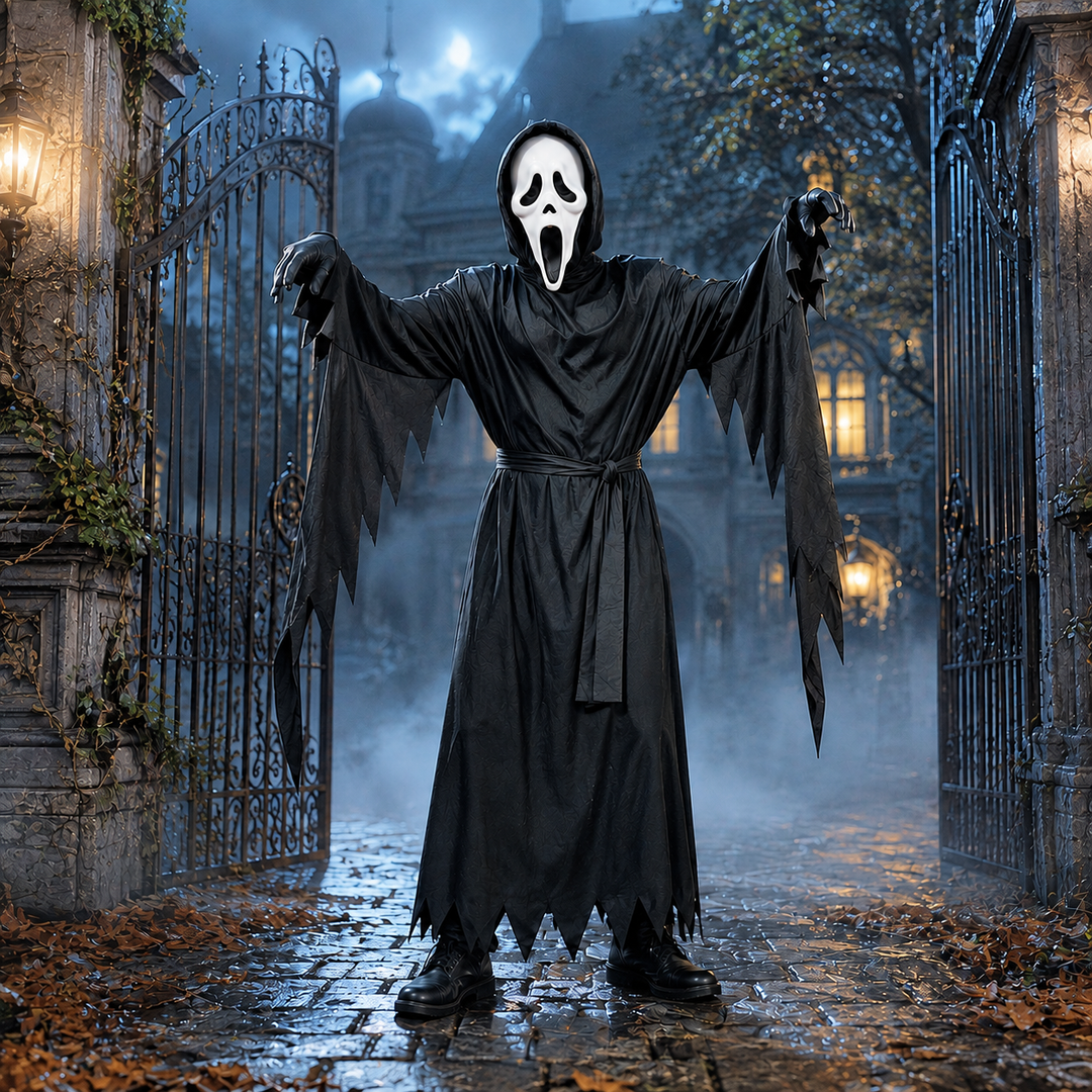 Hooded Robe Halloween Costume with Ghostface Mask and Hood