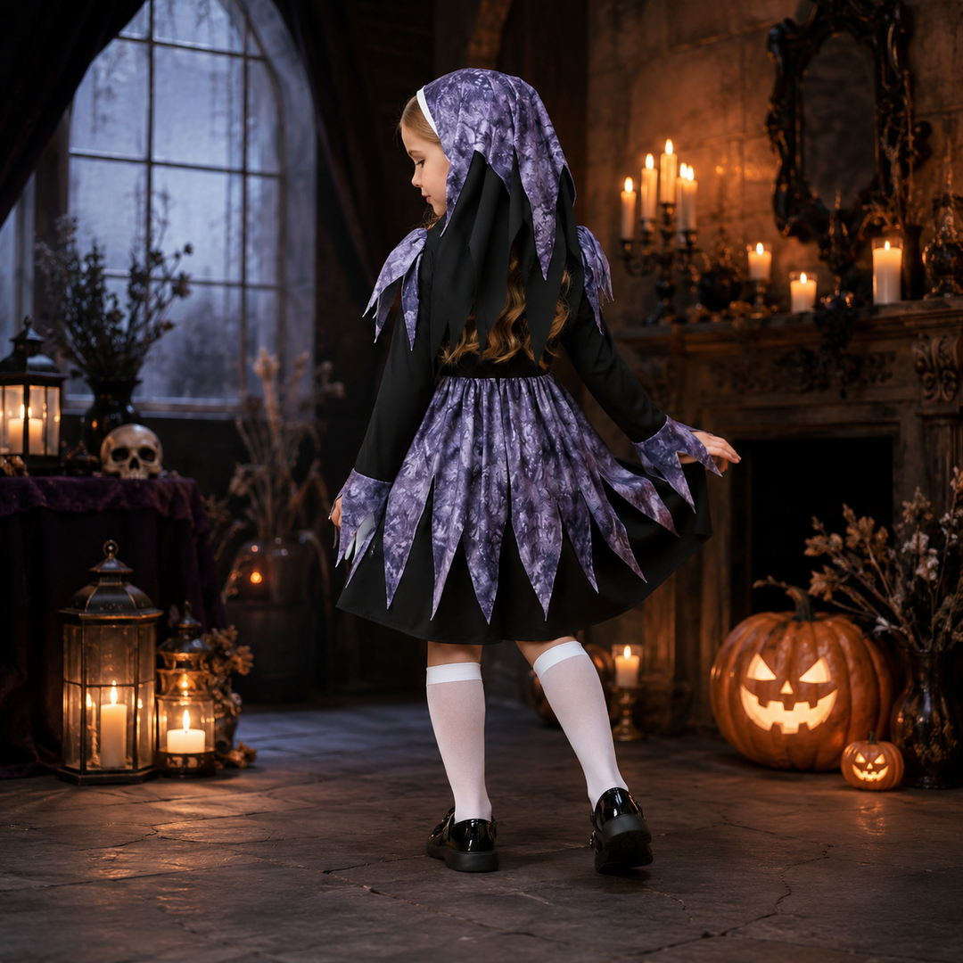 Kids Nun Costume Girls Gothic Dress with Headscarf Halloween Outfit