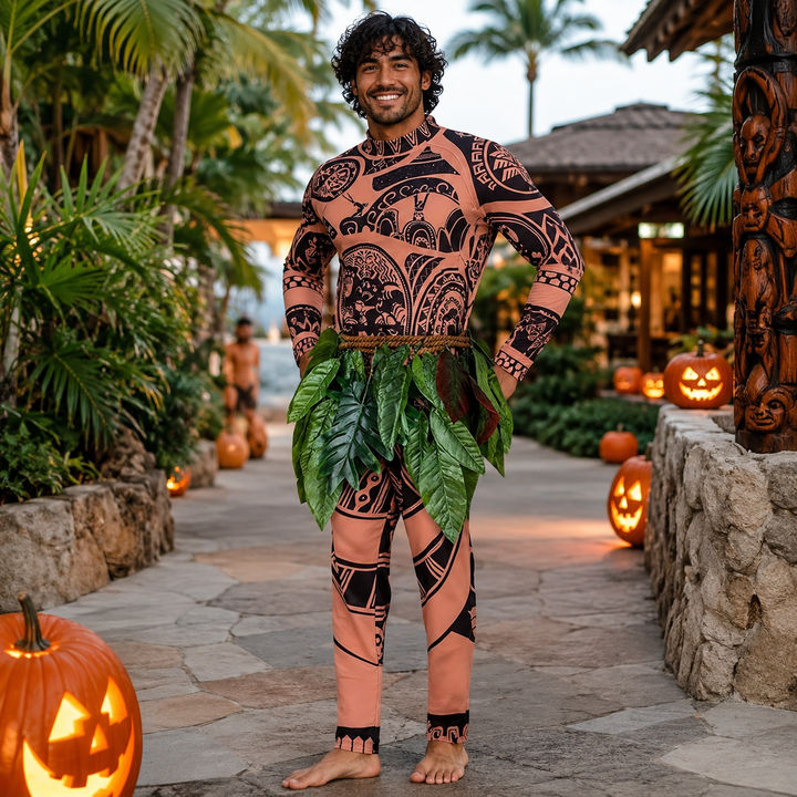 Maui Costume with Tattoo Print and Leaf Skirt Halloween Costume