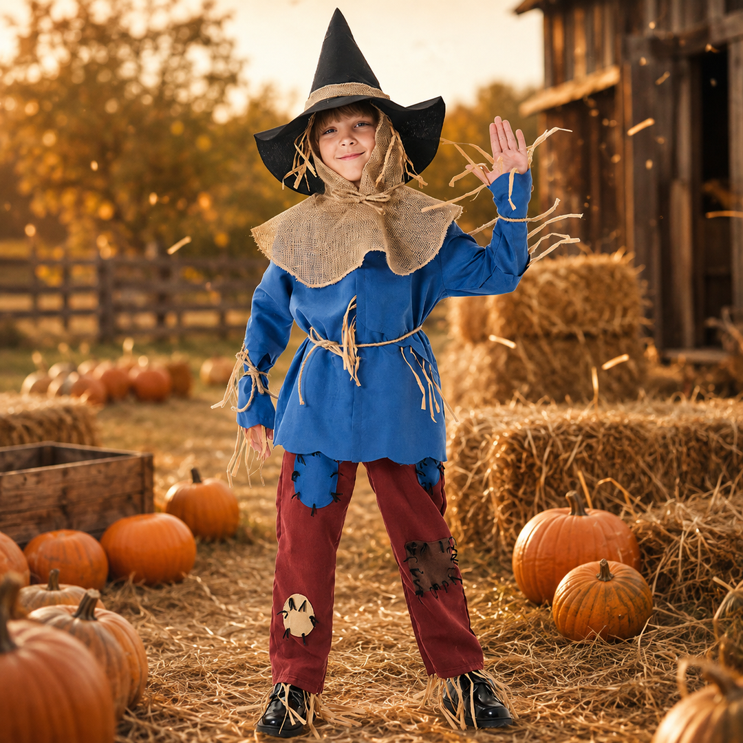 Kids Scarecrow Costume with Hat and Burlap Collar Halloween Outfit