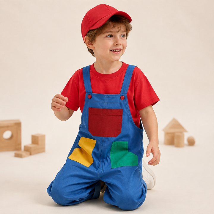 Kids Costume Overalls Set with Cap for Video Game Character