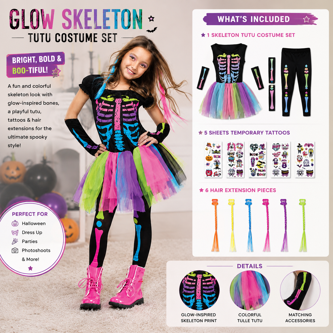 Girls Skeleton Tutu Dress Halloween Costume Skirt Dress