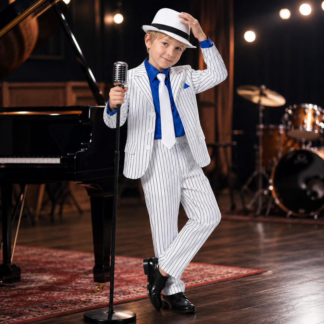 Boys Pinstripe Suit Costume with Hat and Tie Vintage Style Outfit