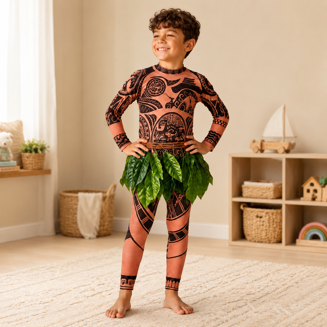 Maui Costume with Tattoo Print and Leaf Skirt Halloween Costume