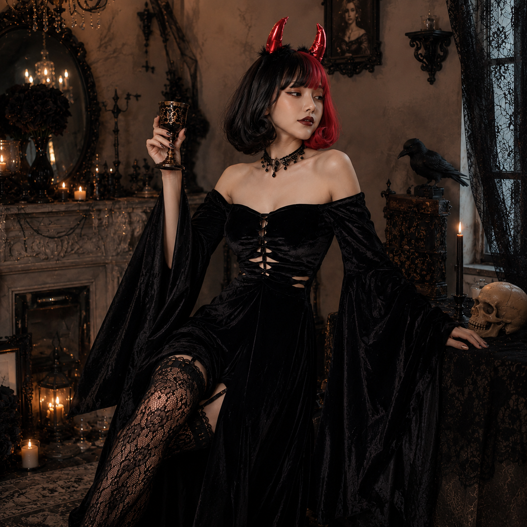 Womens Gothic Witch Halloween Vampire Grim Reaper Long Dress Costume Set