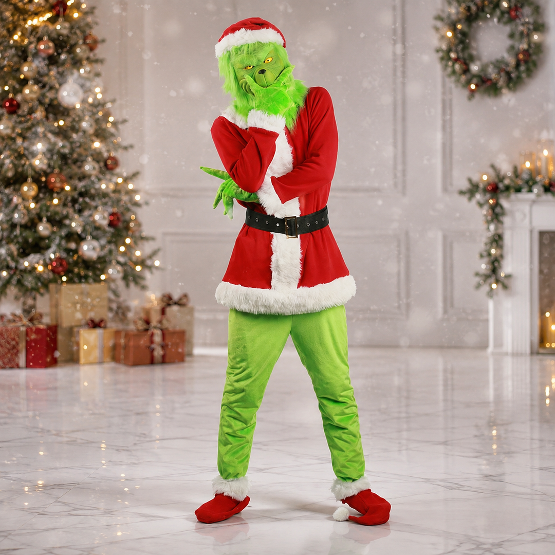 Grinch Mask and Santa Suit Costume Set for Kids and Adults