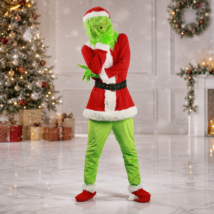 Grinch Mask and Santa Suit Costume Set for Kids and Adults