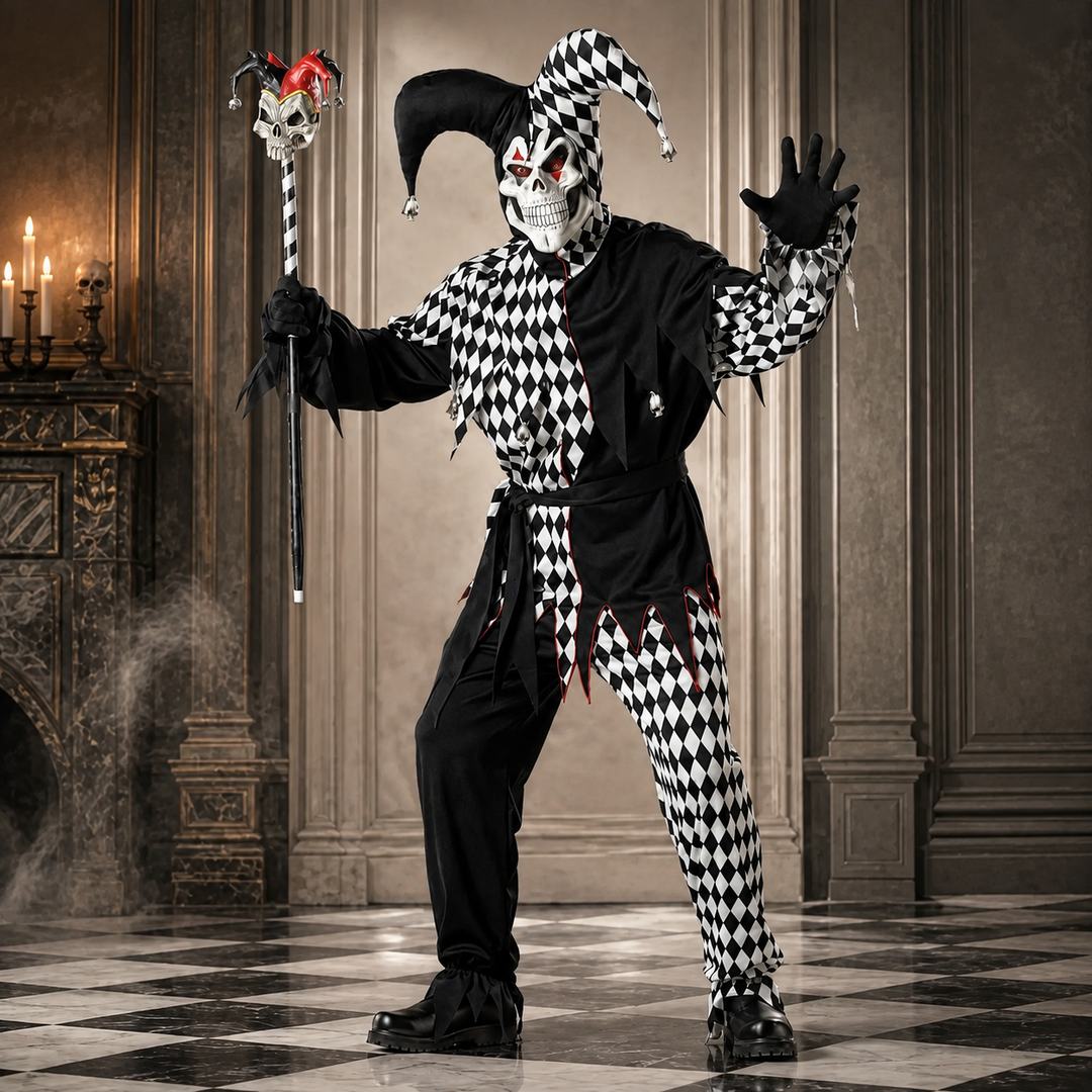 Court Jester Harlequin Costume with Skull Staff Halloween Outfit
