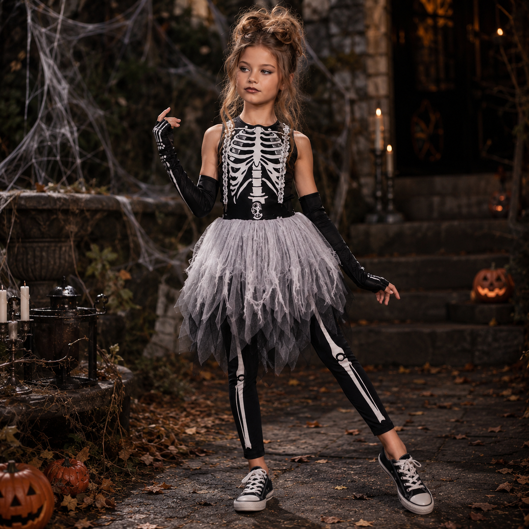 Girls Halloween Skull Reaper Print Dress Kids Costume Cosplay Outfit