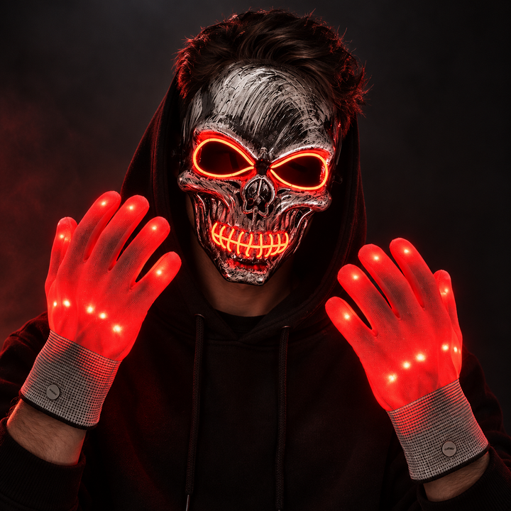 LED Skull Mask and Light Up Gloves Set Halloween Costume Accessory