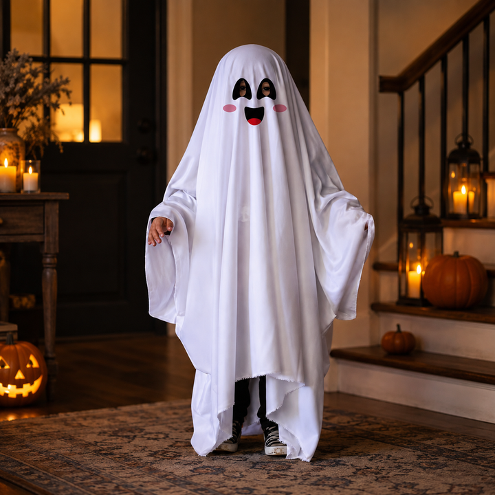 Kids Ghost Halloween Sheet Costume with Face Design