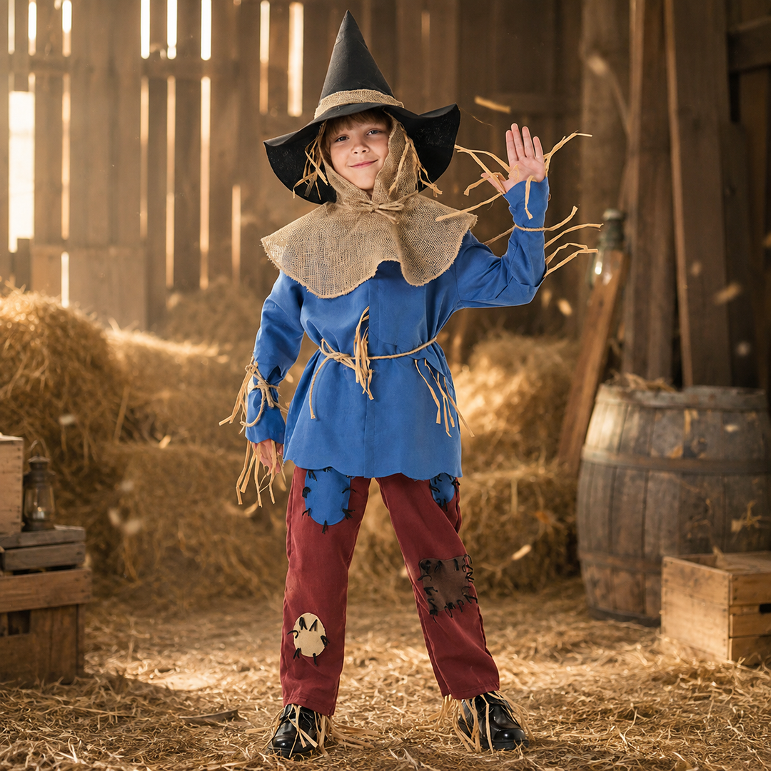 Kids Scarecrow Costume with Hat and Burlap Collar Halloween Outfit