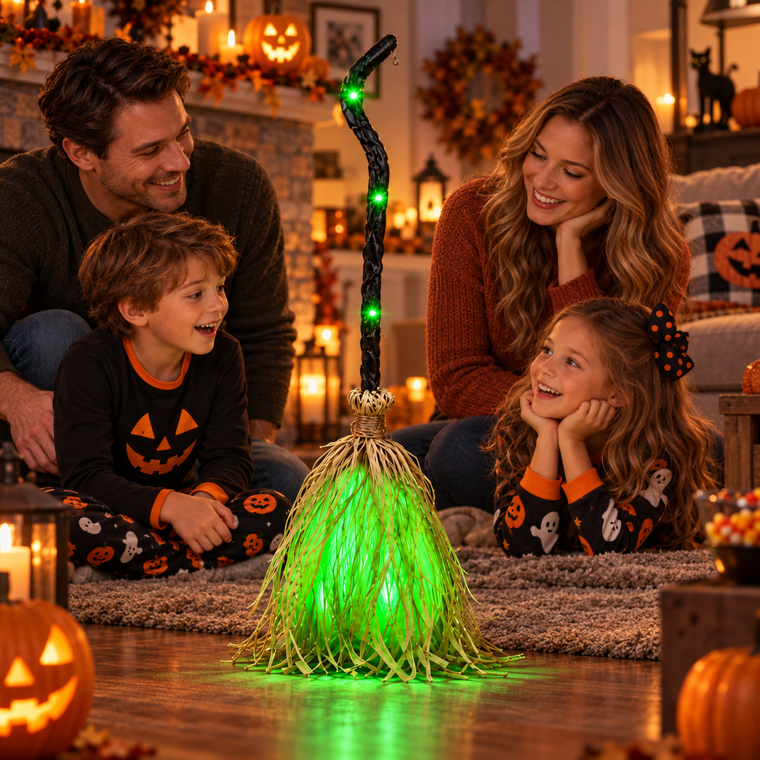 Animated Light Up Halloween Witch Broom Prop Decoration