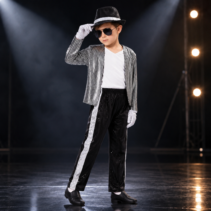 Kids Pop Star Costume Silver Sequin Jacket and Pants Set