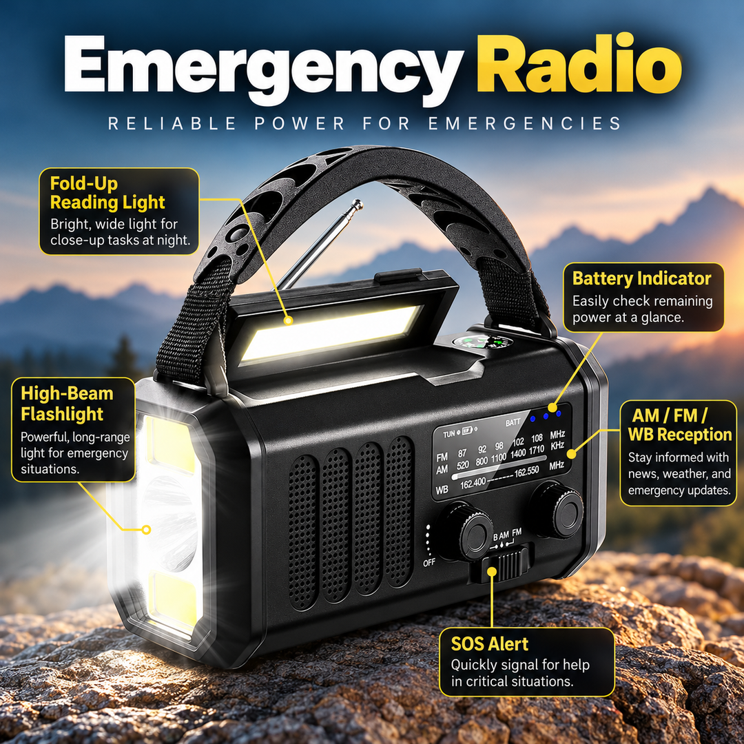 Solar Hand Crank Emergency Radio 10000mAh Power Bank USB C Flashlight