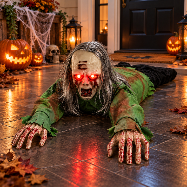 Crawling Zombie Prop with Light Up Eyes and Sound Activated Halloween Decoration