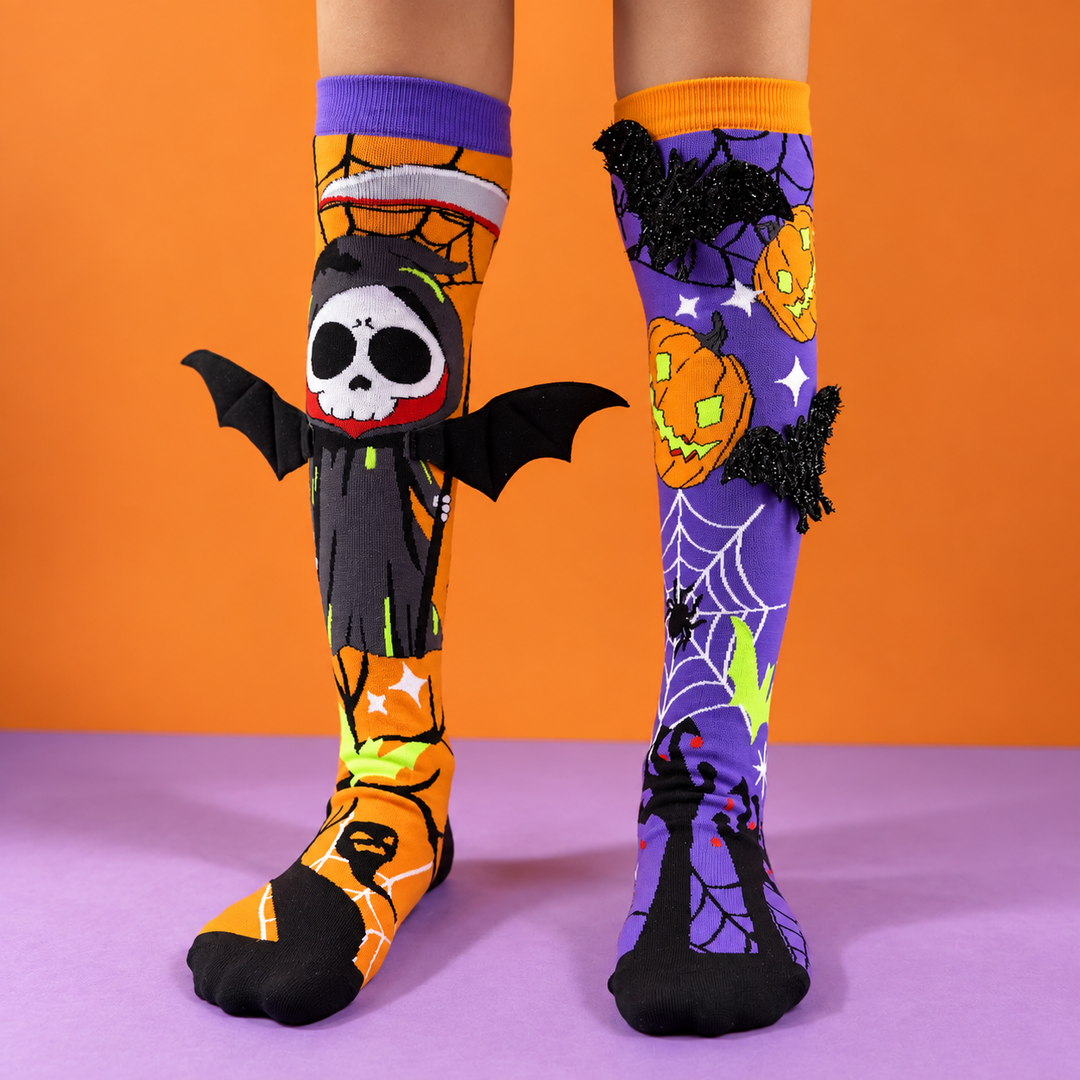 3D Bat and Pumpkin Halloween Novelty Socks Mismatched Pair